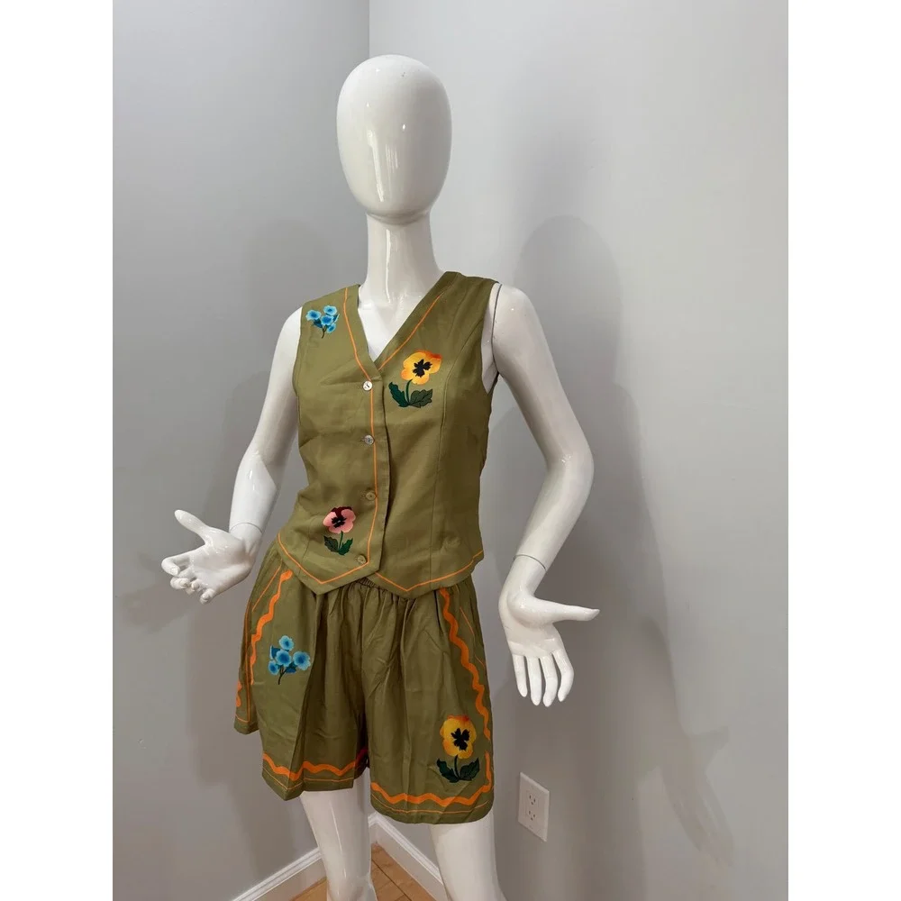 Commense Vest & Shorts Set Olive‎ Green Floral Embroidered Outfit Size XS - Picture 3 of 9